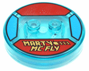 18605c01pb06 - Dimensions Toy Tag 4 x 4 x 2/3 with 2 Studs and Trans-Light Blue Bottom with Gold 'MARTY MC FLY' and Broken Arrow on Red Background Pattern (Marty McFly)