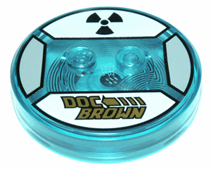 18605c01pb41 - Dimensions Toy Tag 4 x 4 x 2/3 with 2 Studs and Trans-Light Blue Bottom with Gold 'DOC BROWN' and Broken Arrow, Black Radioactive Symbol on White Background Pattern (Doc Brown)