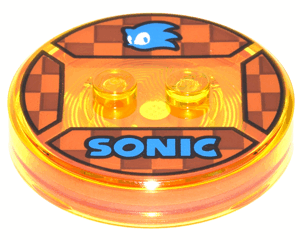 18605c02pb13 - Dimensions Toy Tag 4 x 4 x 2/3 with 2 Studs and Trans-Orange Bottom with Blue Sonic Head and 'SONIC' on Dark Orange and Reddish Brown Checkered Background Pattern (Sonic the Hedgehog)