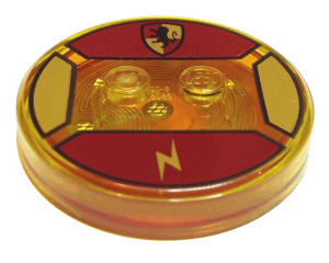 18605c02pb16 - Dimensions Toy Tag 4 x 4 x 2/3 with 2 Studs and Trans-Orange Bottom with Hogwarts Gryffindor Crest and Gold Lightning Bolt on Dark Red Background Pattern (Harry Potter)