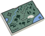 26603pb498 - Tile 2 x 3 with Map with Sand Green Land, Bright Light Blue Water, Dark Green Trees and Mountains, Black Compass Rose and Dark Red Dotted Line Pattern