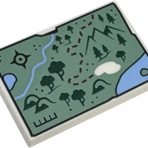 26603pb498 - Tile 2 x 3 with Map with Sand Green Land, Bright Light Blue Water, Dark Green Trees and Mountains, Black Compass Rose and Dark Red Dotted Line Pattern