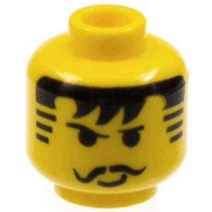 3626pa3 - Minifigure, Head Black Thin Eyebrows, Curled Moustache, Hair with Bangs and Striped Sideburns, Small Lopsided Grin Pattern