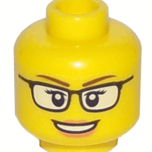 3626pb1567 - Minifigure, Head Female Black Glasses with White Lenses, Reddish Brown Eyebrows, Nougat Lips, and Open Mouth Smile with Teeth Pattern
