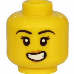 3626pb2537 - Minifigure, Head Female Black Eyebrows, Double Eyelashes, Nougat Lips, Lopsided Open Mouth Smile with Teeth Pattern
