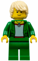 cty0722 - Saxophone Player - Female, Green Jacket with Necklace, Green Legs, Tan Hair Tousled with Side Part, Black Eyebrows