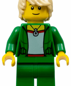 cty0722 - Saxophone Player - Female, Green Jacket with Necklace, Green Legs, Tan Hair Tousled with Side Part, Black Eyebrows