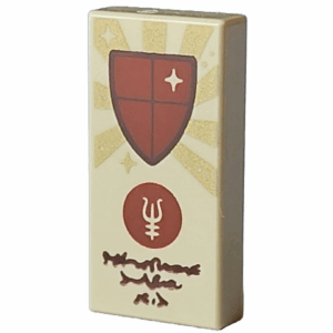 3069pb1241 - Tile 1 x 2 with Gold Sun Rays, Reddish Brown Shield with Star and Circle with Symbol and Dark Brown Text Pattern (Dungeons & Dragons Spell Scroll of Mage Armor)