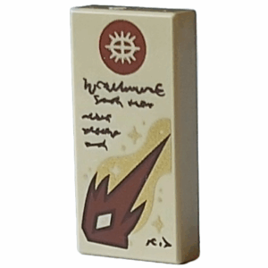 3069pb1242 - Tile 1 x 2 with Reddish Brown Circle with Symbol, Gold Stars and Dark Brown Text Pattern (Dungeons & Dragons Spell Scroll of Magic Missile)