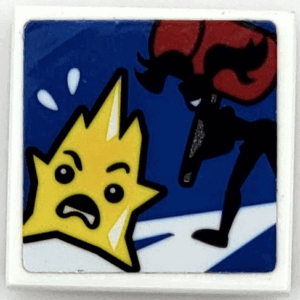 11203pb092 - Tile, Modified 2 x 2 Inverted with Yellow Kryptomite and Black Harley Quinn Silhouette with Red Mallet Pattern (Sticker) – Set 41236