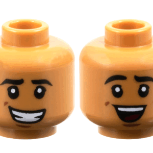 3626pb3420 - Minifigure, Head Dual Sided Black Eyebrows, Reddish Brown Dimples, Lopsided Open Mouth Smile with Teeth / Laughing with Dark Red Tongue Pattern - Vented Stud