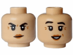 3626pb3598 - Minifigure, Head Dual Sided Female Black Eyebrows Raised, Dark Orange Wrinkles and Lips, Mouth Closed Angry / Open Smile with White Teeth Pattern - Vented Stud
