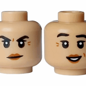 3626pb3598 - Minifigure, Head Dual Sided Female Black Eyebrows Raised, Dark Orange Wrinkles and Lips, Mouth Closed Angry / Open Smile with White Teeth Pattern - Vented Stud