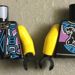 973pb3026c01 - Torso Biker Vest with Dark Pink / Medium Azure Ninjago Characters, Sons of Garmadon Logo and Ninjago 'SOG' on Back Pattern / Yellow Arms / Black Hands