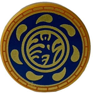 14769pb695 - Tile, Round 2 x 2 with Bottom Stud Holder with Gold Ninjago Logogram 'T OF S' and Blades / Drops in Dark Blue Circle with Dark Orange Edge Pattern