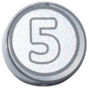 98138pb174 - Tile, Round 1 x 1 with Dark Bluish Gray Outlined Number 5 on Silver Background Coin Pattern