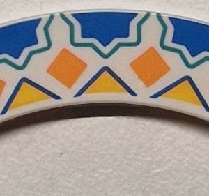 27507pb17 - Tile, Round Corner 4 x 4 Macaroni with Blue Half Stars with Dark Turquoise Outlines, Orange Squares and Bright Light Orange Triangles Pattern