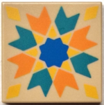 3068pb2562 - Tile 2 x 2 with Orange and Dark Turquoise Chevrons / Arrows, Yellow Diamonds and Blue Star Pattern