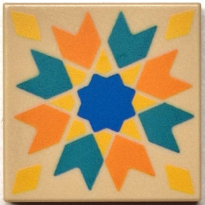 3068pb2562 - Tile 2 x 2 with Orange and Dark Turquoise Chevrons / Arrows, Yellow Diamonds and Blue Star Pattern